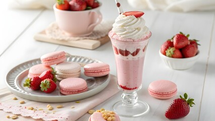 Chic Macaron-Inspired Strawberry Milkshake with Creamy Candy-Tone Pastel Hues, Delicious Dessert Drink Styled Against Elegant Backdrop, Sweet Indulgent Summer Treat