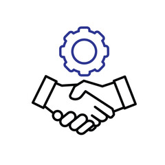 Collaboration icon. Management. Shaking hands with gears above. manager, success. outline design style.