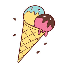 A vibrant hand drawn illustration of a waffle cone overflowing with three scoops of colorful ice cream featuring chocolate drizzle and sprinkles perfect for summer treats and desserts
