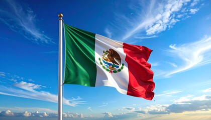 Mexican Flag Waves in the Wind Against a Blue Sky - A Symbol of National Pride