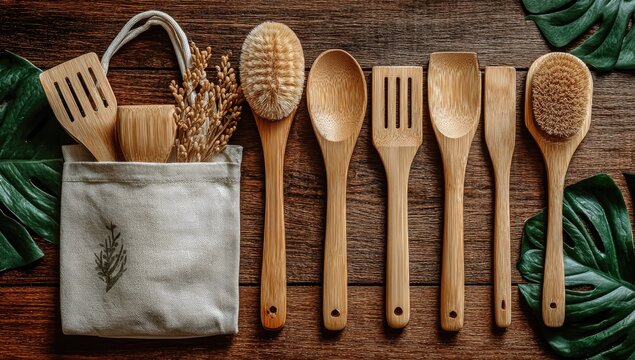 Wooden kitchen utensils in a canvas bag on a rustic wooden table