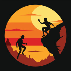 Silhouette of two hikers climbing a rocky mountain against a vibrant sunset with a large orange sun and warm sky representing adventure and achievement