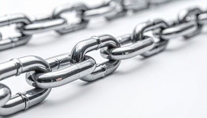 Obraz premium Close-up Shot of a Shiny Metal Chain Against a White Background Showing Interlocking Links
