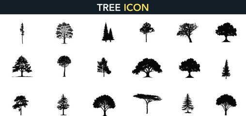 Tree silhouette outline set tropical side view, vector line drawing elements for architectural landscape design. Stroke illustration graphics on white background