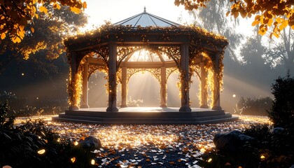 Gazebo in the Woods with Autumnal Foliage and Glowing Light