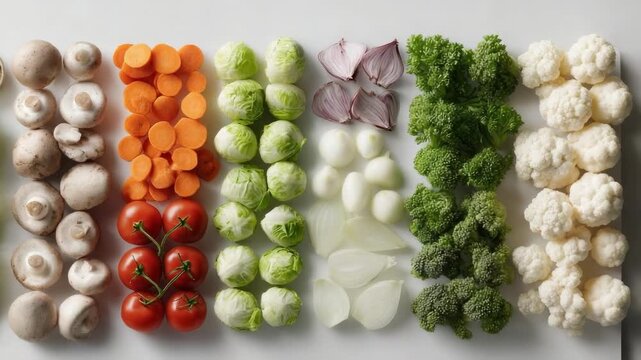 A colorful row of chopped vegetables: mushrooms, carrots, Brussels sprouts, onions, garlic, broccoli, and cauliflower.