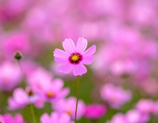 Pink cosmos flowers in a field.  Close-up of one flower