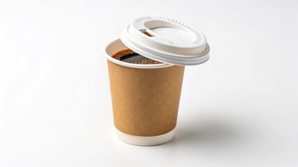 A disposable brown paper coffee cup filled with black coffee, with the white lid open, isolated on a clean white background