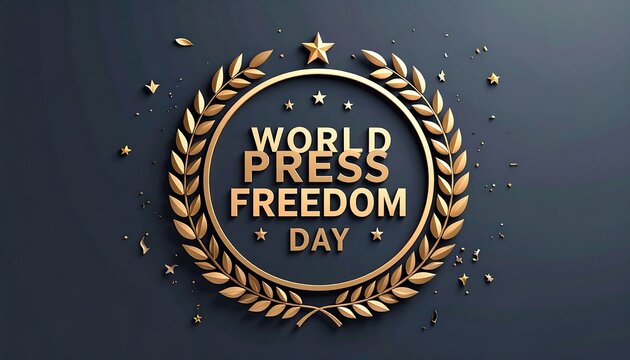 Golden laurel wreath encircles "World Press Freedom Day" text on a dark gray background, with scattered gold confetti and stars - Powered by Adobe