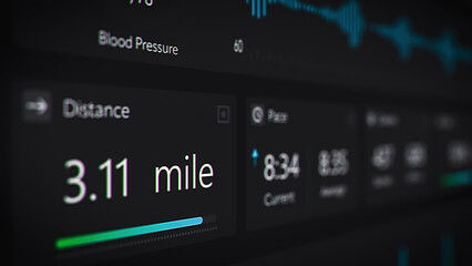 Close Up UI with a Training App Computer Screen Featuring Graphs of Daily Exercise Progress, Heartbeat Monitor, Distance Tracking, Speed and Time Data. Modern Workout Software Template