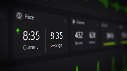 Fitness App Design in Close Up on a Computer Screen. Exercise Information Showing Travelled Distance, Current and Average Pace, Burned Calories, SpO2 Levels Monitor and Other Performance Data