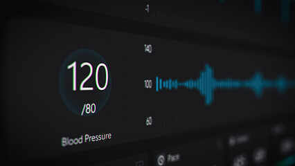 Sports Monitor Display with Fluctuating Pulse Rate and Distance Metrics, Showing Vital Health Data. Software Tracking Heart Rate, Calories and Exercise Progress During a Fitness Exercise