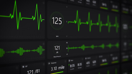 Sports Monitor Display with Fluctuating Pulse Rate and Distance Metrics, Showing Vital Health Data. Software Tracking Heart Rate, Calories and Exercise Progress During a Fitness Exercise