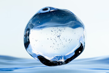 Clear water drop with air bubbles floating above liquid surface on light blue background. Abstract...