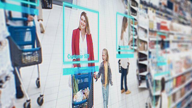 Security Camera Footage with a Mother and a Child in Supermarket. Sophisticated Software with Artificial Intelligence Face Recognition and Customer Identification. People Shopping in a Grocery Store
