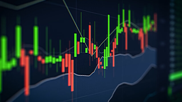 Close Up Computer Display with Red and Green Candlestick Charts with Financial Stock Market Information. Business, Digital Banking, Trading Software, Finance and Economy Concept