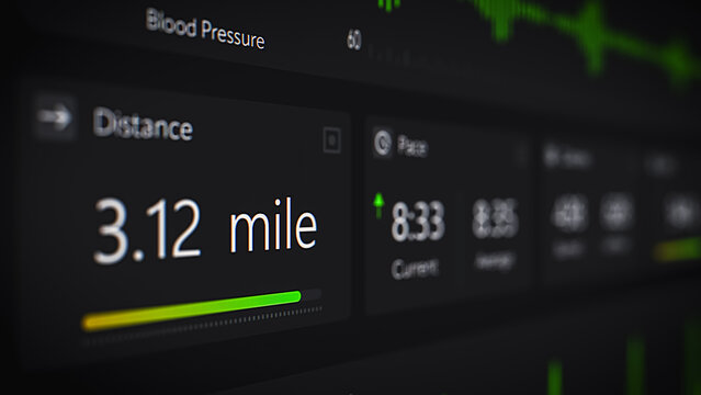 Fitness App Design in Close Up on a Computer Screen. Exercise Information Showing Travelled Distance, Current and Average Pace, Burned Calories, SpO2 Levels Monitor and Other Performance Data - Powered by Adobe