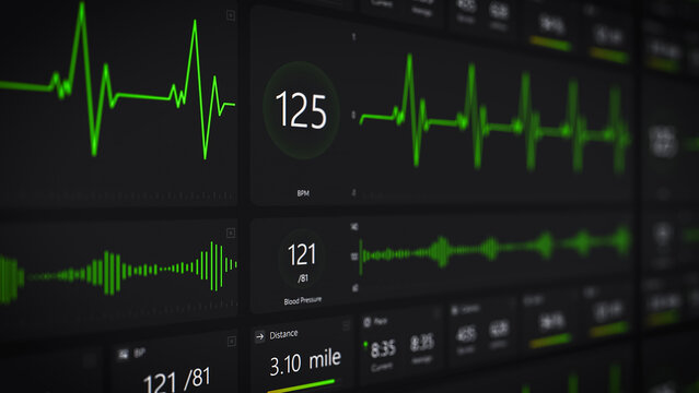 Sports Monitor Display with Fluctuating Pulse Rate and Distance Metrics, Showing Vital Health Data. Software Tracking Heart Rate, Calories and Exercise Progress During a Fitness Exercise