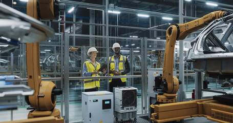 Male Specialist and Female Car Factory Engineer Using Laptop Computer and Having a Conversation. Automotive Industrial Manufacturing Facility Working on Vehicle Production, Using Advanced Robotics