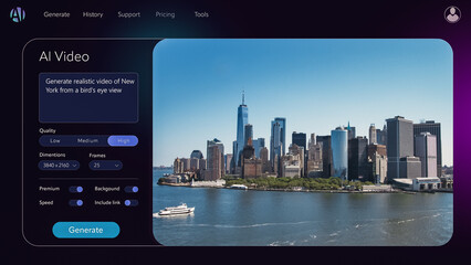AI Video Generator with Chatbot User Interface Creating a Realistic Aerial Video of a New York City Landscape with Manhattan Island Skyline, Skyscrapers, Buildings and Business Centers