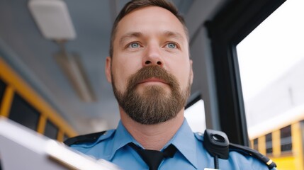 School security guard verifying transport coverage credentials, School bus insurance