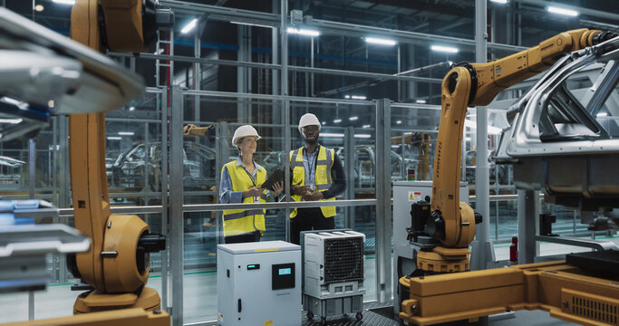 Male Specialist and Female Car Factory Engineer Using Laptop Computer and Having a Conversation. Automotive Industrial Manufacturing Facility Working on Vehicle Production, Using Advanced Robotics
