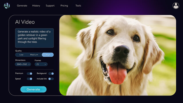 AI Video Generator with Chatbot User Interface Creating a Realistic Golden Retriever Dog Sitting Outdoors on a Green Backyard Lawn, Looking at Camera. Smart, Cute and Noble Pet - Powered by Adobe