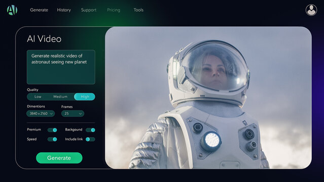 Artificial Intelligence Software on a Computer Promted to Create an AI Generated Content with an Astronaut. Text to Video App Showing a Futuristic Scene with a Female Astronaut Exploring a New Planet - Powered by Adobe