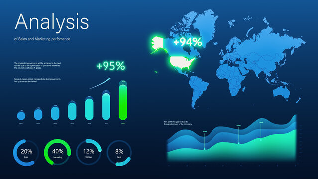 Sales and Marketing Management Software with World Map and Data for Screen Replacement. User Interface with Graphs, Charts and Reports with Numbers. Dark Themed Template for Computer Screens