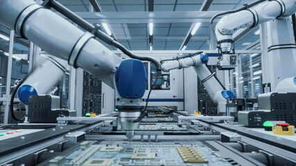 Innovative Manufacturing Factory with Industrial Robots Producing Circuit Boards in an Automated...