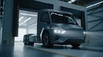 A futuristic gray electric semi-truck with its headlights on emerges from a modern factory garage. - Powered by Adobe
