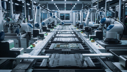 Advanced Microelectronics Manufacturing: AI Robotic Arms Assembling Circuit Boards on a Modern...