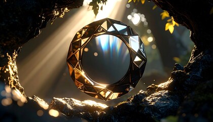 Geometric Ring Floating in a Forest with Dramatic Sunlight