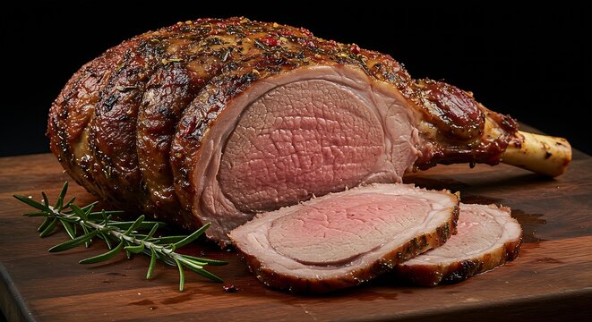 a carved piece of roasted leg of lamb, with a clear focus on the juicy, pink interior,a seared,herb-crusted exterior.A sprig of fresh rosemary sits next to it.The lighting is moody 