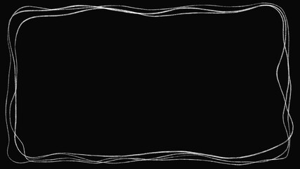 Grunge frame for your text. Hand-drawn white wavy frame on black background for artistic design. Intricate white wavy frame, sketched on a solid black backdrop, is ideal for posters, digital projects.