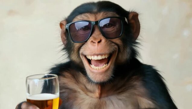 Chimpanzee wearing sunglasses smiles broadly while holding a glass of beer in a humorous and lighthearted scene perfect for comedy or entertainment