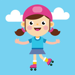 A cheerful cartoon girl with pigtails wearing a pink helmet and roller skates happily gliding across a bright blue sky with fluffy white clouds