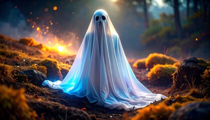 Ghost in Forest with Glowing Lights for Halloween Celebration