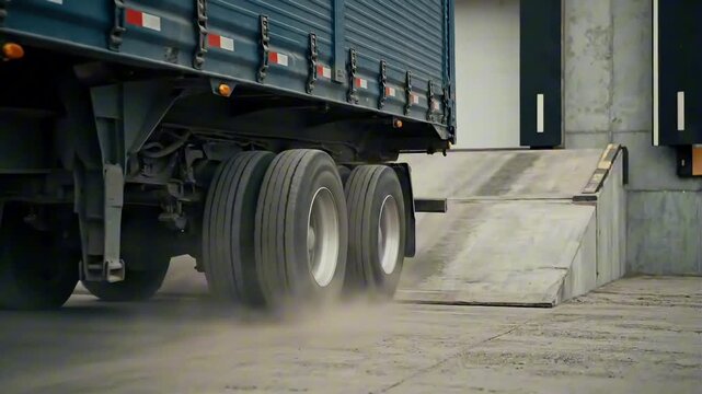 A powerful semi-truck reverses up a concrete ramp towards a warehouse loading dock, its wheels in motion kicking up dust from the industrial yard