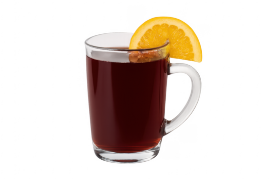 Mulled wine in glass mug with orange slice