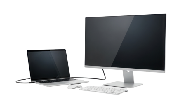 Computer setup with laptop, monitor and keyboard isolated PNG with Transparent Background