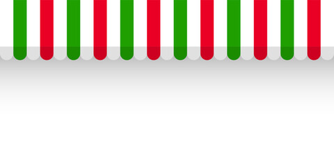 Shop sunshade. Realistic striped cafe awning. Outdoor market tent. Roof canopy in Italian flag colors. Summer street store. Vector illustration