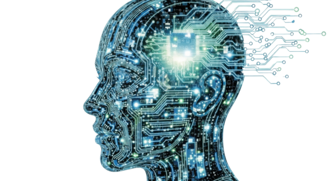Digital human head with circuit board design isolated PNG with Transparent Background