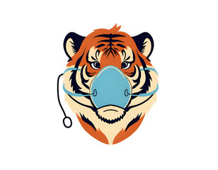 Royal Bengal tiger wearing an oxygen mask, wildlife conservation concept, endangered species awareness illustration