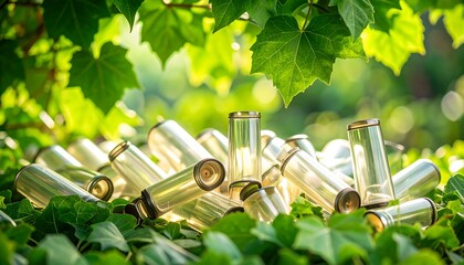 Glass Cylinders Surrounded by Green Foliage in Natural Sunlight