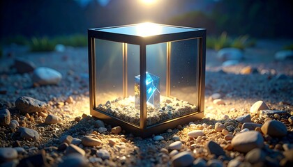 Glass Cube with Illuminated Object on Pebble Ground with Natural Lighting