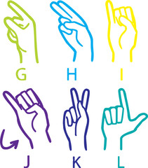 Collection of American Sign Language (ASL) hand gesture illustrations. Includes alphabet letters, basic signs, and symbolic hand shapes. Perfect for educational materials, accessibility projects,