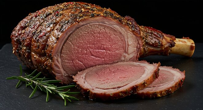 a carved piece of roasted leg of lamb, with a clear focus on the juicy, pink interior,a seared,herb-crusted exterior.A sprig of fresh rosemary sits next to it.The lighting is moody 