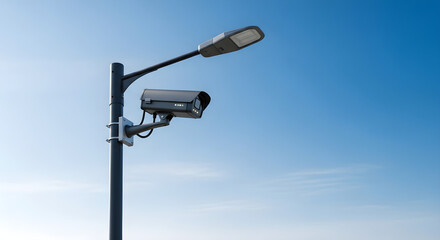 A modern CCTV surveillance camera and LED street light mounted on a pole, symbolizing public safety and urban monitoring against a clear blue sky