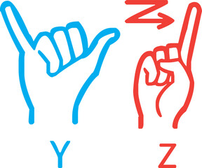 Collection of American Sign Language (ASL) hand gesture illustrations. Includes alphabet letters, basic signs, and symbolic hand shapes. Perfect for educational materials, accessibility projects, 
